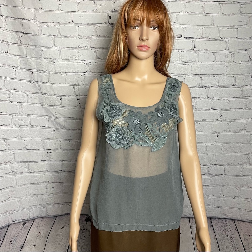Gold Hawk Embroidery Floral Silk Grey Cami Top Size XS